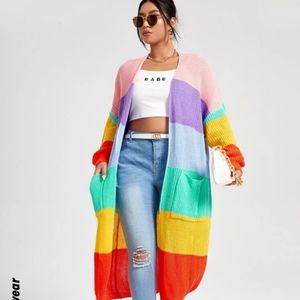 Shein curve women's light weight rainbow stripe pattern dual pocket cardigan